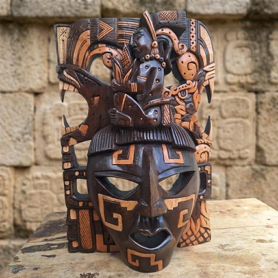 Cedar Mayan-style wooden mask: Mexican folk art, hand crafted