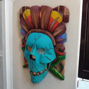 Hand Carved Cedar Wood Mayan Mask: Mexican Wall Art