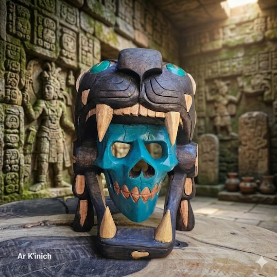 Dark Jaguar and Skull, cedar wood mask