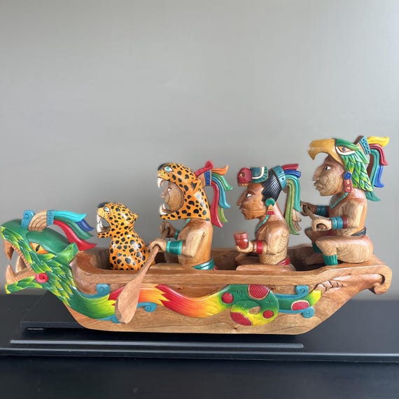 Travesía Sagrada Maya Cedar Canoe: Mayan Ritual, Mexican Art, Hand carved home decor