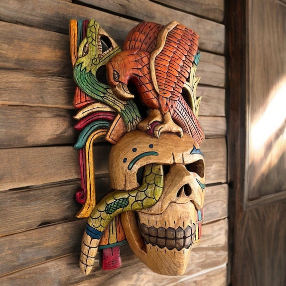 Wood Carved Aztec Eagle Skull Mask: Mayan Art