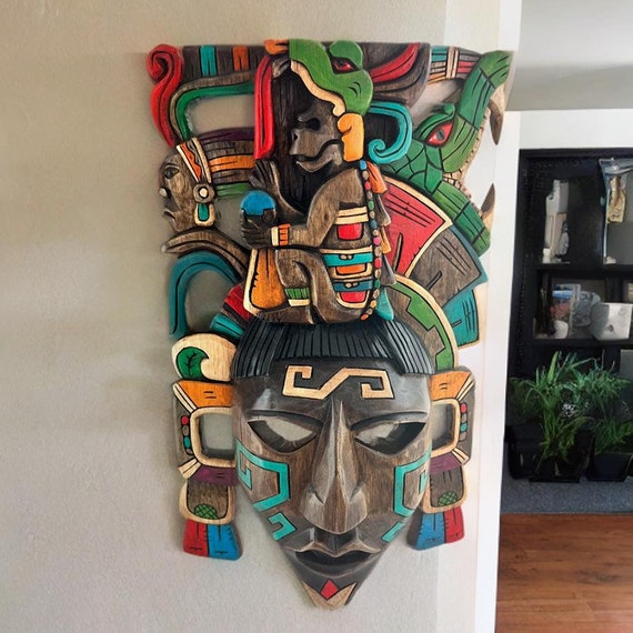 Handmade Cedar Wood Mask: Mayan God Wall Art