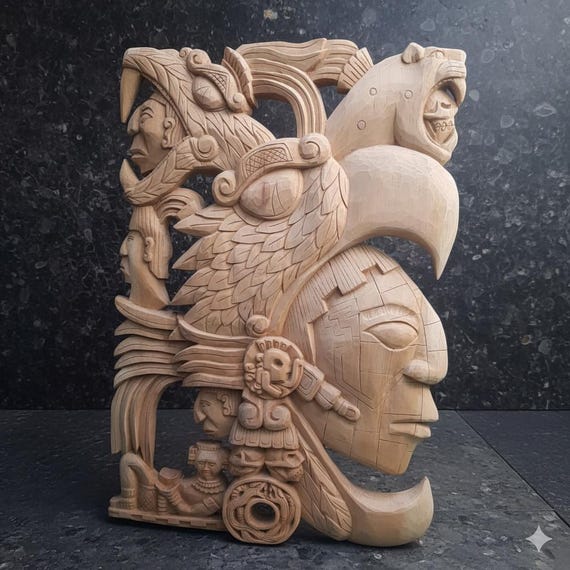 Cedar Carved Mayan Sculpture, Mesoamerican Aztec Art, Handcrafted