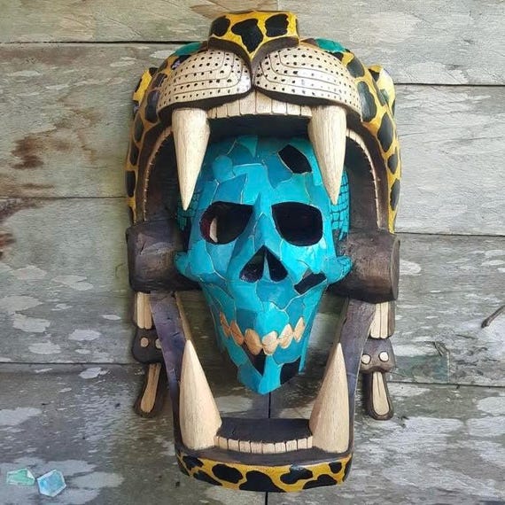 Blue Cedar Skull Mask: Aztec Jaguar Warrior, Mayan Handcrafted Decor