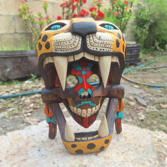 Cedar skull jaguar mask; Mayan and Aztec art, Mexican culture