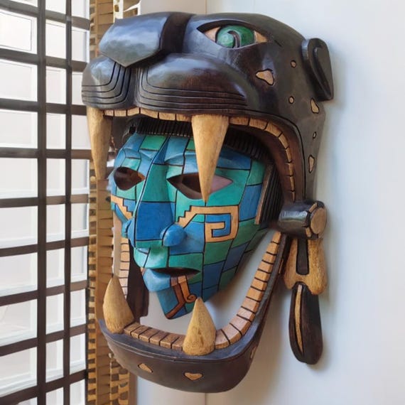 Handcrafted Cedar Wood Mayan Jaguar Warrior Mask