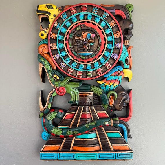 Mayan Calendar made of cedar wood, Maya and Aztec culture, Mexican Art