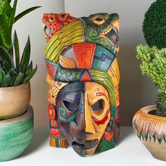 Handcrafted Mayan Cedar Wood Mask: Aztec Wall Art (16 Inches)