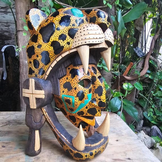 Yellow Cedar Skull Mask: Aztec Jaguar Warrior, Mayan Handcrafted Décor