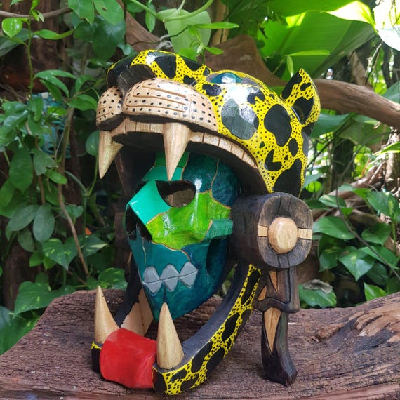 Camouflage Skull Cedar Mask: Mayan and Aztec Culture, Pre-Hispanic Art, Wall décor