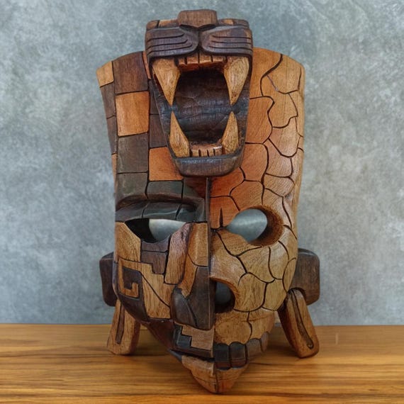 Handmade Cedar Wood Mayan Mask: Aztec Culture Wall Art