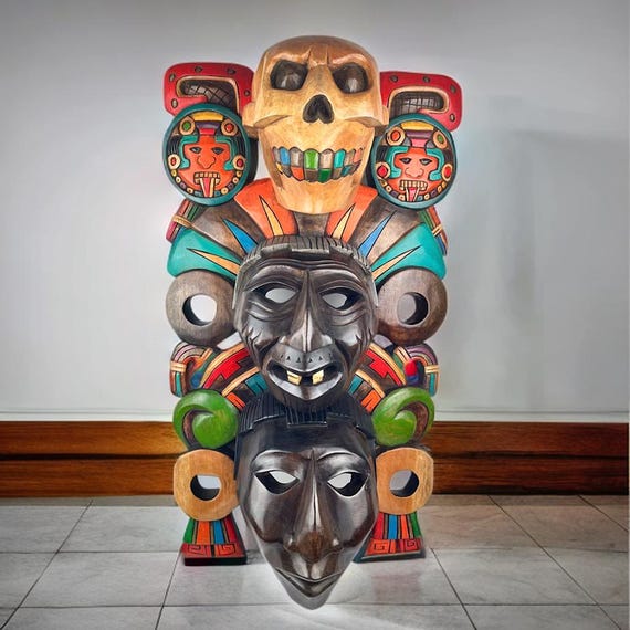 Handcrafted Mayan Cedar Wood Mask: Aztec Calendar Wall Art