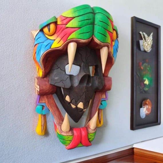 Handmade Cedar Wood Mayan Mask: Aztec Serpent Skull Wall Art