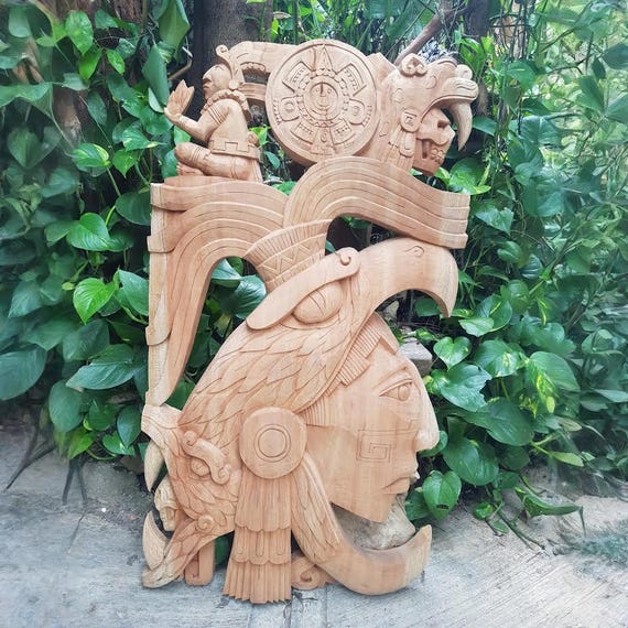 Pakal profile as a Eagle Warrior, Aztec and Mayan Culture, Mexican Art, 3D Carving, Handcrafted