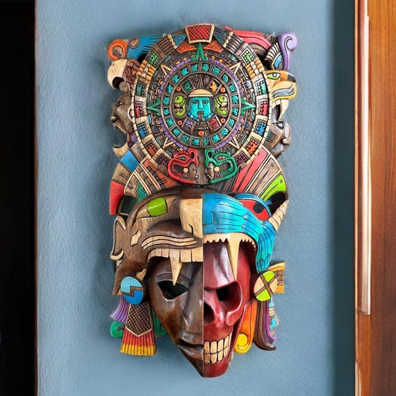 Handmade Cedar Mayan Mask: Aztec Calendar Skull Sculpture