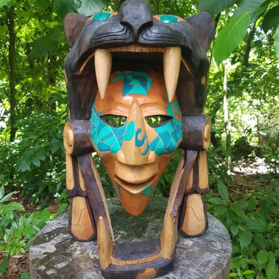 Handmade Aztec Jaguar Warrior Wooden Mask: Mexican Mayan Art