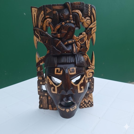 Cedar Mayan-style wooden mask: Mexican folk art, hand crafted