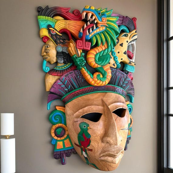 Handcrafted Cedar Wood Mayan Mask: Vision Serpent Carrier