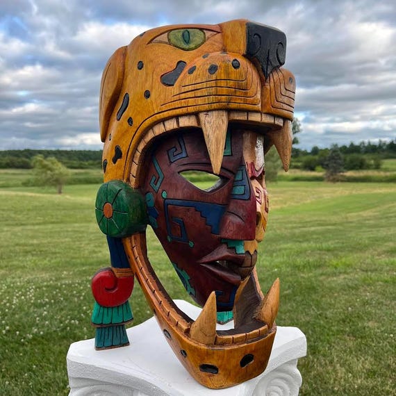 Cedar Wood Maya Jaguar Warrior Mask: Handcrafted Mexican Art