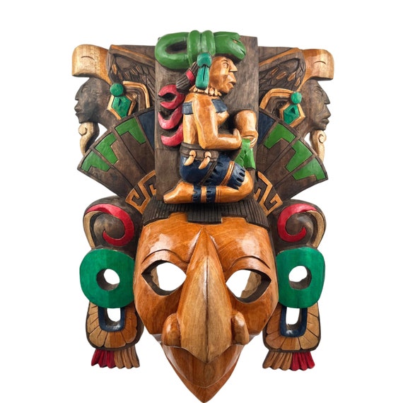 Handcrafted Cedar Wood Mask: Mayan King Pakal & Ix Chel Goddess