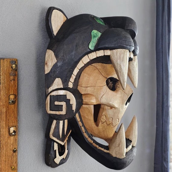 Handmade Cedar Wood Aztec Jaguar Warrior Mask - 3D Wall Art