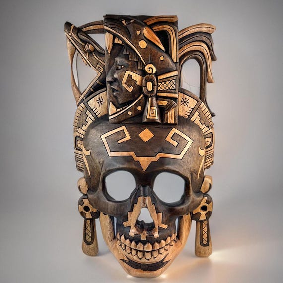 Handcrafted Cedar Wood Skull Mask: Mayan Wall Art (16x10.5 Inches)
