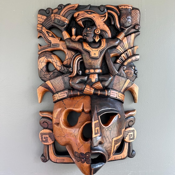 Mayan Wooden mask, Mexican Art, Mayan and Aztec culture, Handmade, 3D Carving