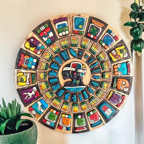 Handmade Mayan Calendar Wooden Mask: Mexican Aztec Art