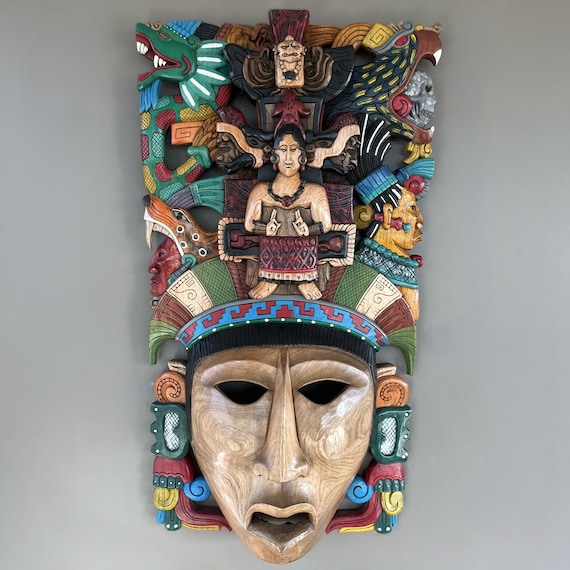 Mayan Tribute Cedar Mask: Handcrafted Mexican art