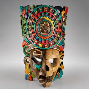 Hand Carved Cedar Wood Mayan Mask: Mexican Wall Art