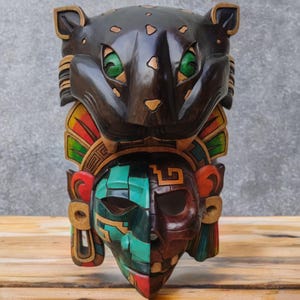 Handmade Cedar Wood Aztec Jaguar Warrior Mask - Mexican Wall Art