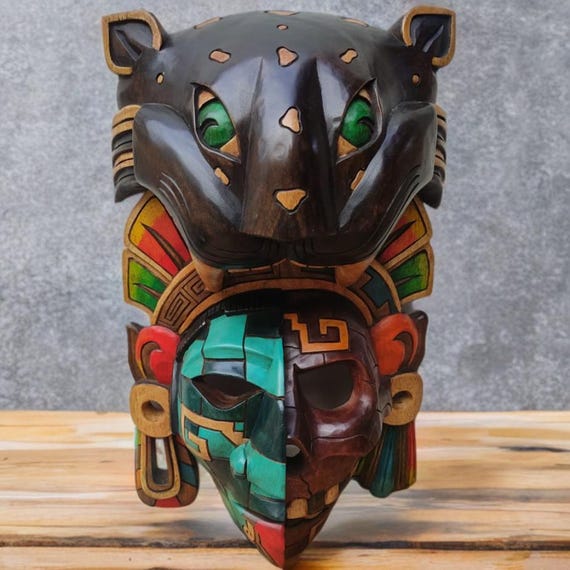 Handmade Cedar Wood Aztec Jaguar Warrior Mask - Mexican Wall Art