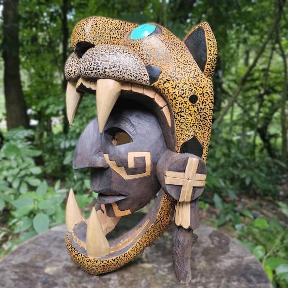 Cedar Jaguar mask: Mayan and Aztec Culture, Pre-Hispanic Art, handcrafted wall décor