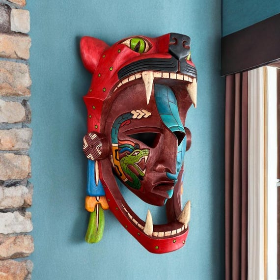 Handcrafted Cedar Wood Jaguar Warrior Mask: Aztec Mayan Art
