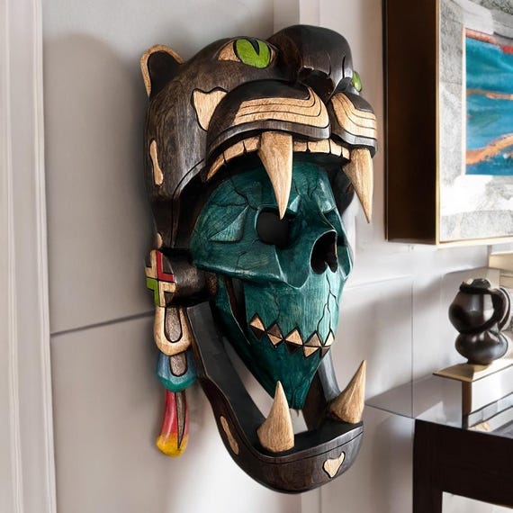 Handcrafted Cedar Wood Mayan Mask: Jaguar Warrior Wall Art