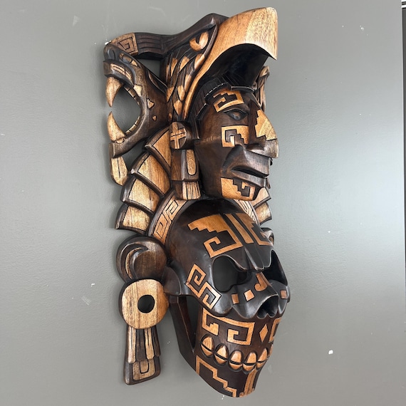 Hand Carved mask made of cedar wood, Mayan and Aztec culture, Mexican art
