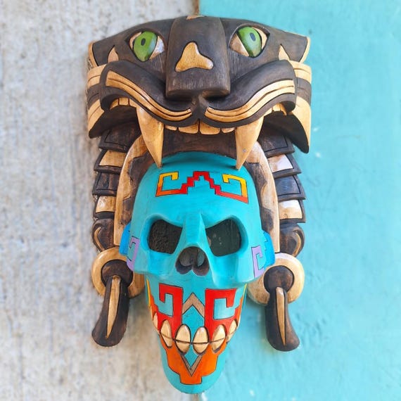 Blue skull cedar mask: Mayan and Aztec Culture, Pre-Hispanic Art, handcrafted wall décor