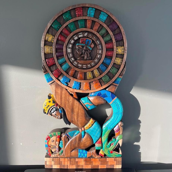 Handcrafted Cedarwood Mayan Calendar: Mexican Art Decor