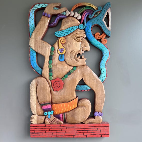 Handcrafted Cedar Mayan Shaman Wall Decor: Mexican Aztec Art