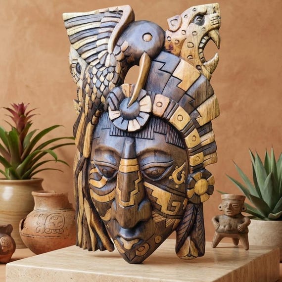 Deeply textured cedar wood mask inspired by Mesoamerican