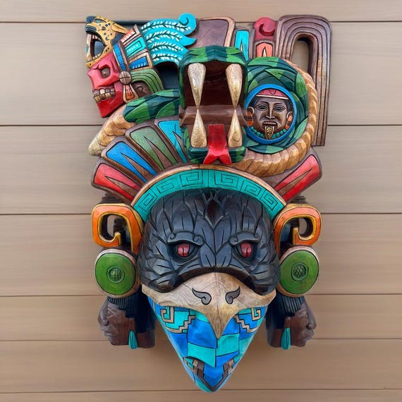 Eagle Maya Warrior Wooden Mask, Maya and Aztec Culture, Mexican art, 3D wood, Handcrafted
