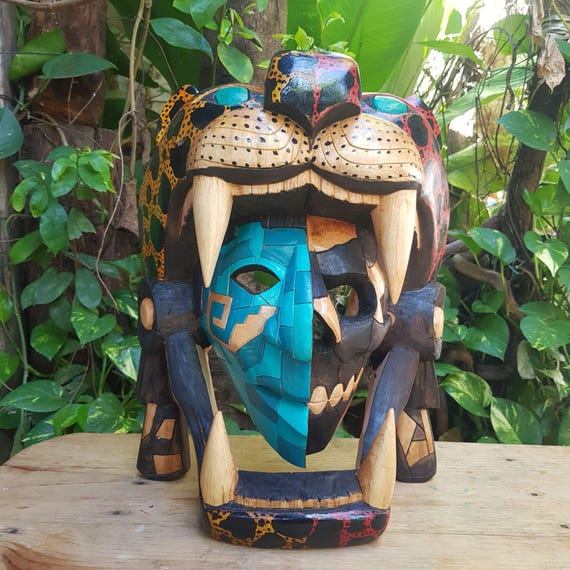 Dual Blue Cedar Skull Mask: Aztec Jaguar Warrior, Mayan Handcrafted Décor