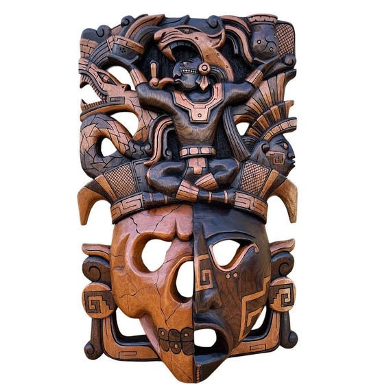 Mayan Wooden mask, Mexican Art, Mayan and Aztec culture, Handmade, 3D Carving