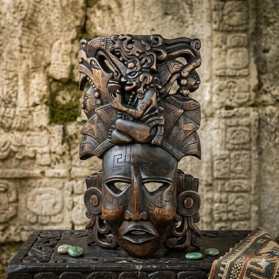 Wooden Mask, Mayan Art, Mexican Culture, handmade