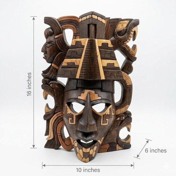 commanding mask carved from dark wood