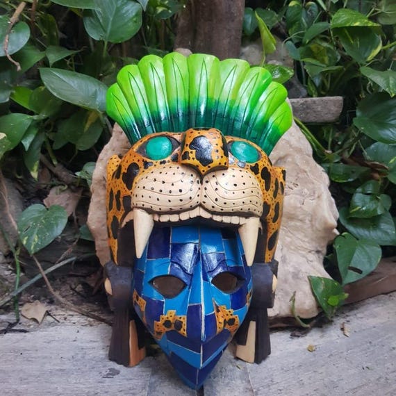 Blue Cedar Mask: Aztec Jaguar Warrior, Mayan Handcrafted Décor