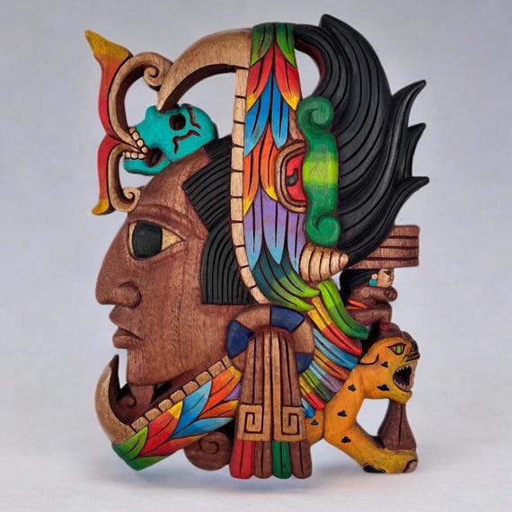 Handmade Mayan Carving: Rey Pakal Wooden Mask