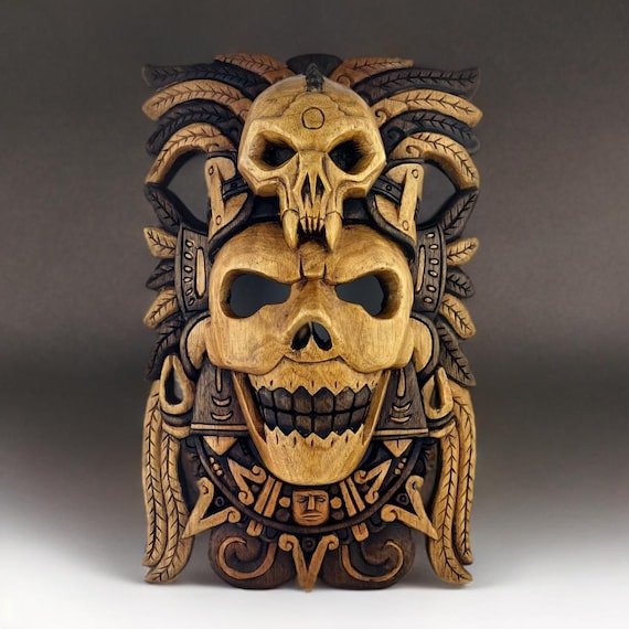 Mayan Art, Wood-Carved Mask, Skull, Eagle, Handcrafted.