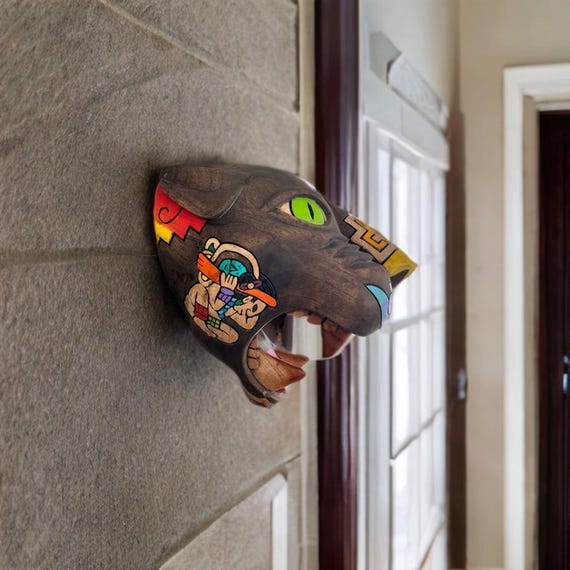 Jaguar head statue, Mayan Culture, Mexican Art, 3D wood carving