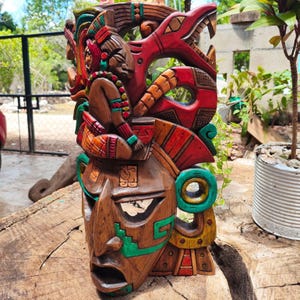 Mayan Wooden Mask, Handmade, 3D sculptures, Mexican Art, Aztec Culture.